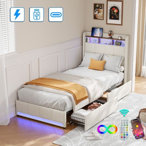 Lit 90x200 cm, avec quatre tiroirs, éclairage LED réglable, 2 USB et 1 fonction de charge tpcy-c, lin, convient aux adultes et aux adolescents, Beige — photo 1