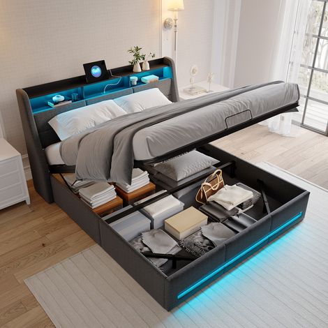 Sureh – Lit coffre 140 x 190 cm – Rangement hydraulique – Tête de lit avec étagères – Ports USB intégrés – Lin gris — photo 2