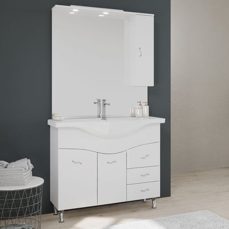 Kiamami Valentina – Ensemble meuble salle de bain 105 cm – Lavabo céramique – Miroir avec éclairage LED – 2 portes et 3 tiroirs – Blanc brillant — photo 1