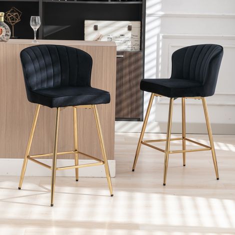 Wahson Lot de 2 tabourets de bar modernes avec dossier – Velours noir – Hauteur d'assise 64.75cm – Structure en métal doré, Noir — photo 1