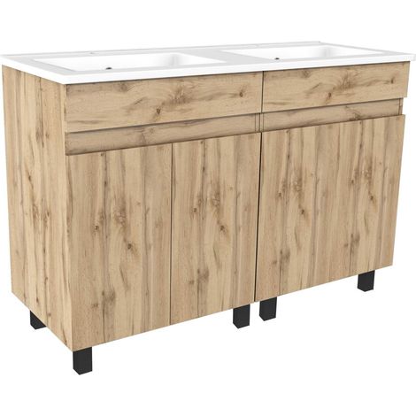 meuble de salle de bains 120cm 4 porteschêne naturel + vasque céramique blanche - timber 120 — photo 3