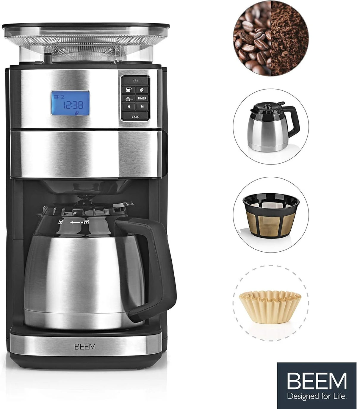 2026 BEEM FRESH-AROMA-PERFECT II Filterkaffeemaschine mit Mahlwerk - Thermo | Edelstahl | Thermokanne | 24h-Timer | 1000 W |