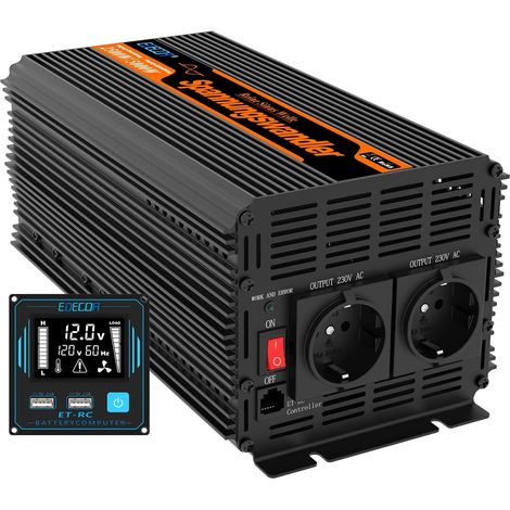Edecoa – Convertisseur de tension 12V à 220V 3000W – Onde sinusoïdale modifiée – Télécommande et 2 ports USB – Compatible panneaux solaires — photo 1