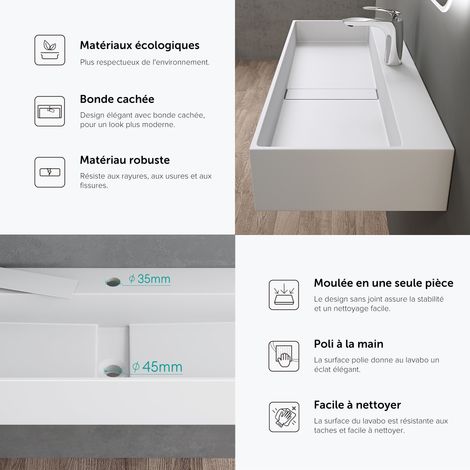 doporro Vasque à Poser Blanc Mat Lavabo de Salle de Bains Suspendu 120x40x14cm Lave Mains avec Bonde et Cache Bonde Colossum6028 — photo 3
