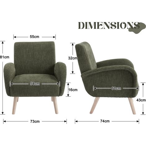 Wahson Fauteuil de salon en chenille vert – Dossier large et accoudoirs confortables – Coussin épais 16 cm – Pieds en bois robustes, Vert — photo 4
