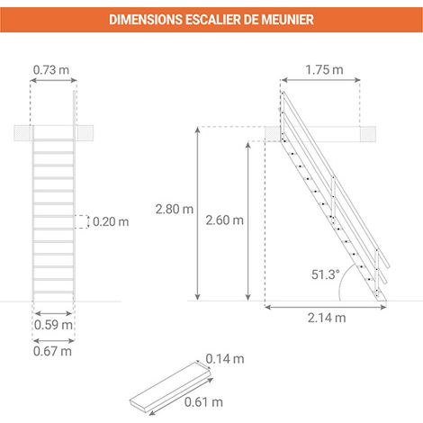 Matisère – Escalier en bois 13 marches – Hauteur 2.80m – Largeur 0.64m – Rampe de sécurité – COTTAGEJI280 — photo 2