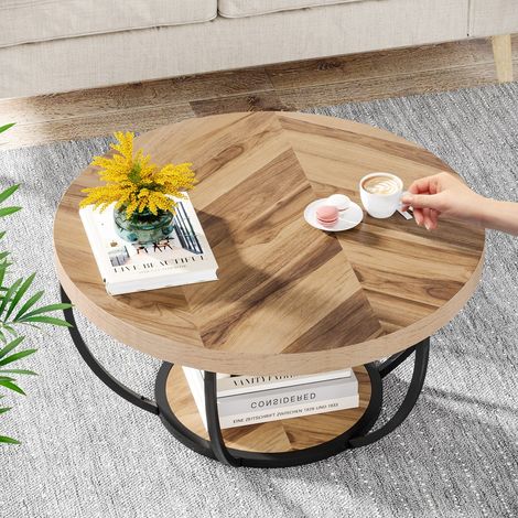 Tribesigns – Table basse ronde industrielle moderne 2 niveaux – Bois d'ingénierie et métal – Pour salon contemporain – Étagères pratiques — photo 4
