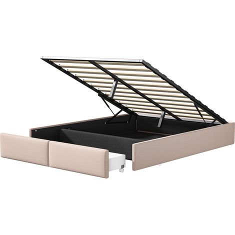 Lit coffre 160x200 cm, avec hydraulique de rangement, 2 tiroirs, sommier à lattes en bois, cadre en métal, lit capitonné en lin - Beige — photo 4