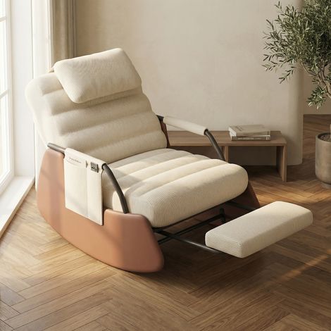 Rocking chair avec repose-pieds pliable, Fauteuil à bascule et chaise de relaxation, dossier réglable à 3 positions, velours côtelé, style moderne, beige — photo 1