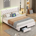 Tanant – Lit avec tiroirs 140x190cm – Tête de lit LED avec ports USB – 2 tiroirs – Sommier à lattes en bois – Velours beige — photo 1