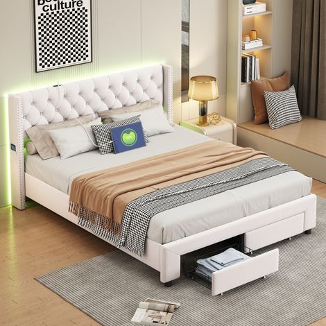 Tanant – Lit avec tiroirs 140x190cm – Tête de lit LED avec ports USB – 2 tiroirs – Sommier à lattes en bois – Velours beige — photo 1