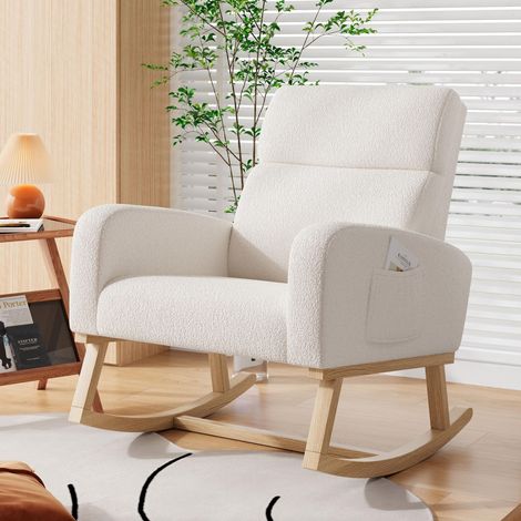 Eifson – Fauteuil à bascule scandinave en tissu sherpa – Dossier inclinable – Accoudoirs avec poches de rangement – Pieds en bois massif – 69x78x87cm — photo 1