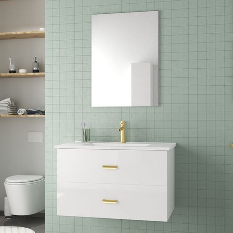 meuble salle de bains 80 cm laqué blanc et or doré à tiroirs avec vasque céramique et miroir — photo 1