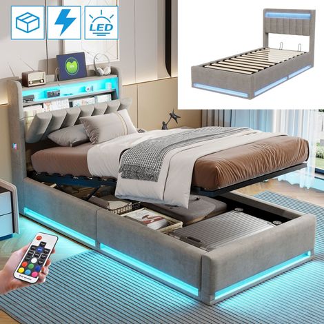 Dans Les Nuages – Lit coffre 90x190 cm avec éclairage LED – Tête de lit de rangement – Étagères intégrées – Sommier à lattes en bois – Velours gris — photo 1