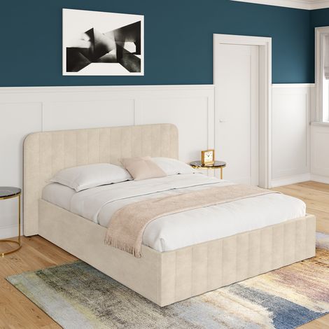 Idmarket – Lit coffre double 140 x 190 cm – Tête de lit capitonnée velours beige – Sommier métal 24 lattes – Grand coffre de rangement — photo 4