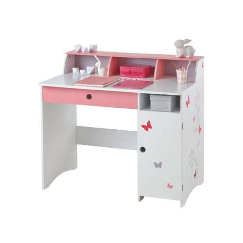 2026 Bureau enfant rose et blanc – décor papillons – avec tiroir et étagères