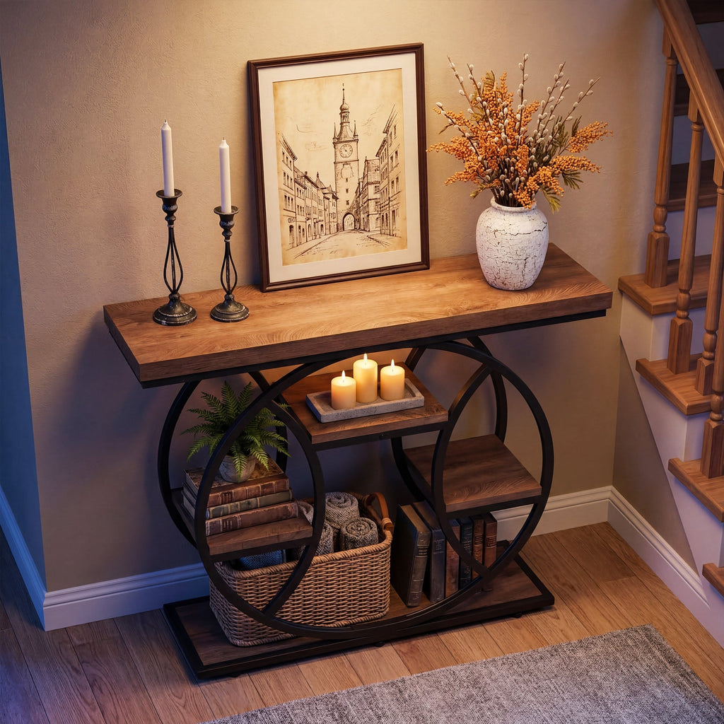 Tribesigns Console de 105 cm, Table d'appoint à 4 niveaux avec cadre rond