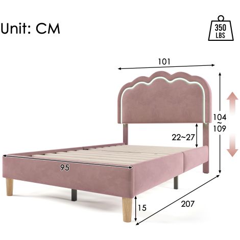 Wishdor – Lit enfant 90x200 cm – Lit simple capitonné avec tête de lit LED réglable – Velours rose – Sommier à lattes inclus – Assemblage facile — photo 3