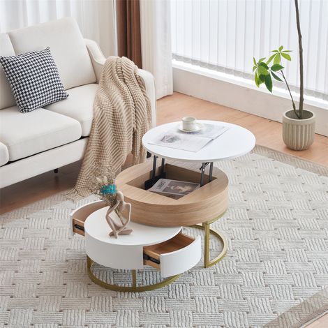 Fortuna Lai – Lot de 2 tables basses gigognes – Grande table avec plateau relevable – Petite table avec 2 tiroirs – MDF blanc – Design moderne — photo 1