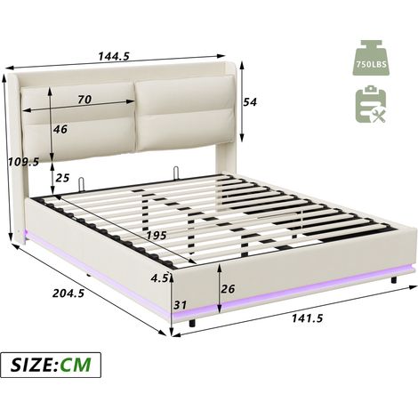 Lit coffre 140x190 cm, 2 places, avec LED, rangement, USB-A/C, sans fil charge, sommier à lattes en bois, cadre en métal, lit capitonné en velours - Beige — photo 5
