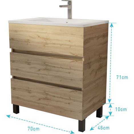 meuble de salle de bains 70 cm timber - décor chêne naturel 3 tiroirs avec vasque blanche — photo 5
