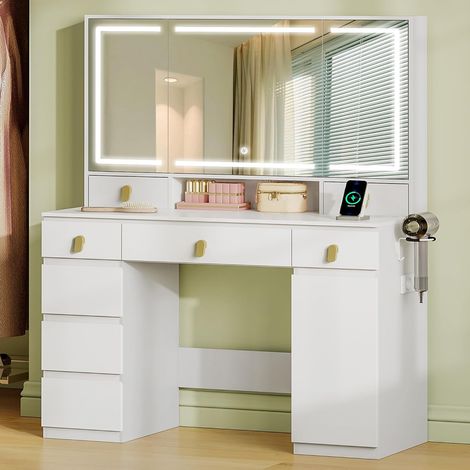 Coiffeuse enfant avec grand miroir HD 105x51,5 cm – Éclairage LED tricolore réglable – 8 tiroirs de rangement – Support pour sèche-cheveux — photo 1