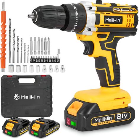 Perceuse visseuse à percussion 45Nm，perceuse sans fil 10mm avec 2 batteries 2Ah Lithium Ion,34 Accessoires,Perceuse Kit de bricolage pour débutants