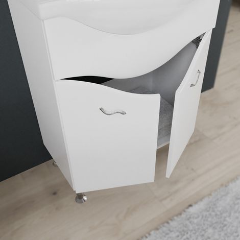 Kiamami Valentina – Meuble de salle de bain sur pieds 65 cm – 2 portes – Lavabo en céramique – Miroir avec spots LED – Finition blanc brillant — photo 4