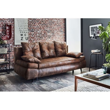 Larson - canapé droit 3 places convertible - avec coffre de rangement - style industriel - marron — photo 1