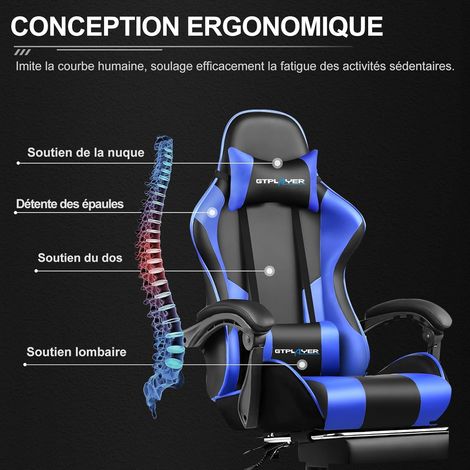 Chaise Gaming Ergonomique, Fauteuil Gamer, Chaise Bureau, Chaise de Gaming avec Dossier réglable à 135°, Hauteur Réglablerepose-Pieds rétractables, Siege, Simili Cuir Bleu — photo 3