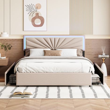 Dans Les Nuages – Lit double capitonné 160x200 cm – Tissu lin beige – Éclairage LED télécommandé – 4 tiroirs de rangement – Style scandinave moderne — photo 2