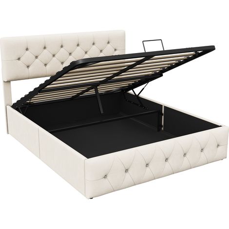 Dans Les Nuages – Lit coffre 160x200 cm – Rangement pratique avec mécanisme à vérin à gaz – Cadre en métal et sommier à lattes en bois – Velours beige capitonné — photo 2