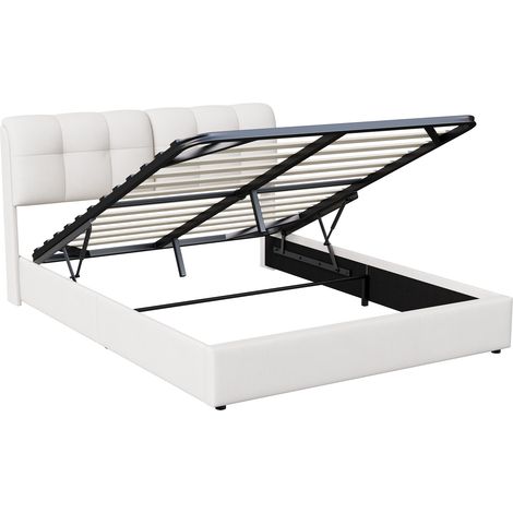 Dans Les Nuages – Lit coffre 140x200 cm avec rangement – Tête de lit LED et USB – Sommier à lattes en bois – Cadre métal capitonné velours beige — photo 5