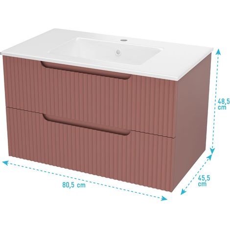 meuble de salle de bains leon 80cm terracotta - 2 tiroirs en mdf ondulés - vasque à encastrer — photo 5