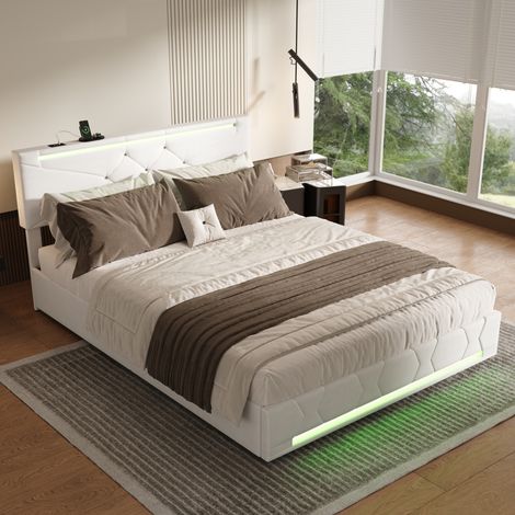 Lit double 140x200cm, lit 140x200 avec rangement, Sommier Inclus, lit coffre avec port USB et LED, Chambre moderne, Beige, lin — photo 4