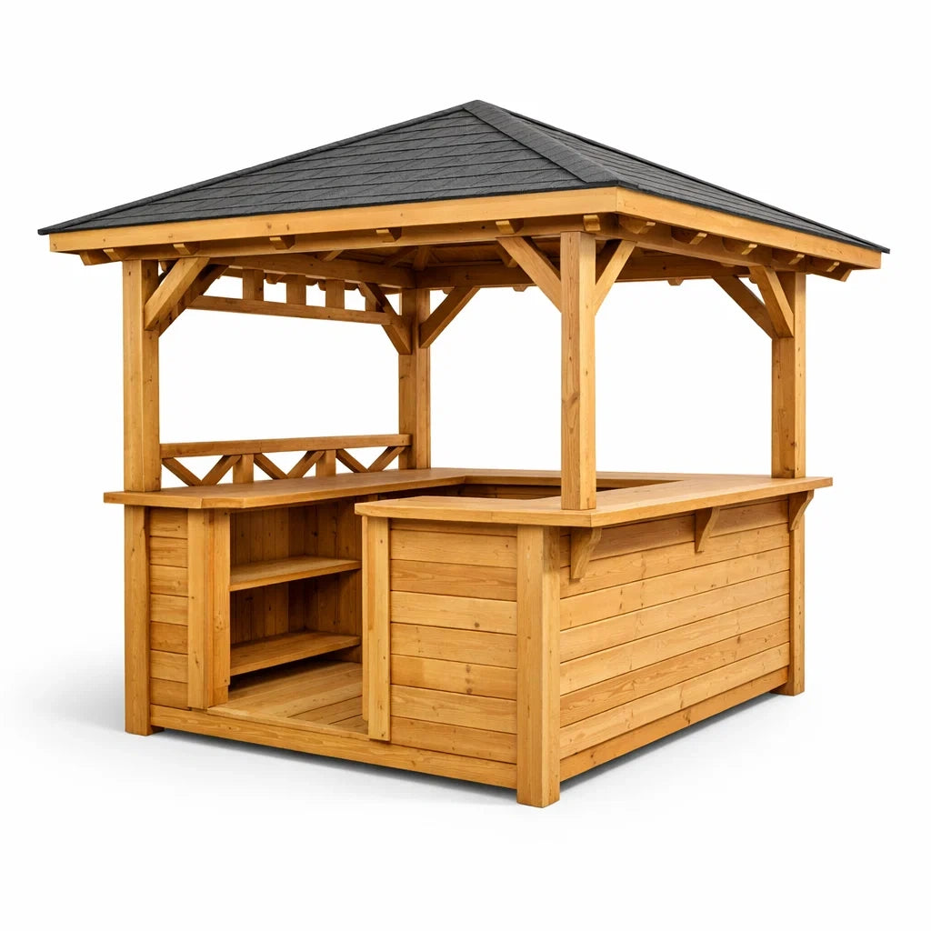 Kiosque bar de jardin en bois de pin marron clair avec toit noir - 2026