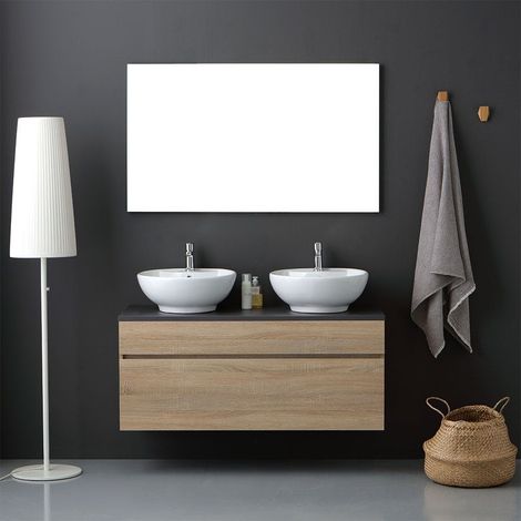 Kiamami Valentina – Meuble de salle de bains suspendu 120cm en chêne naturel – Tiroir sous lavabo avec fermeture soft close – Miroir 120x60 avec cadre en abs — photo 1