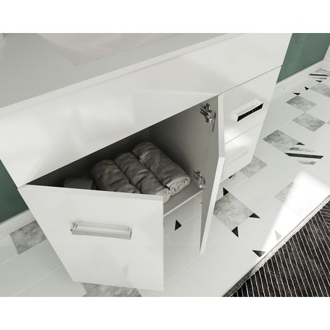 Saniverre – Meuble salle de bain sur pieds avec vasque simple céramique blanche L. 80 cm – 2 portes battantes et 2 tiroirs coulissants – Finition brillante — photo 3