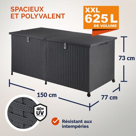 Coffre de rangement en polyrotin 625 litres XXL sur roulettes Coffre de jardin Coffre de coussin Banc noir Vérins à gaz