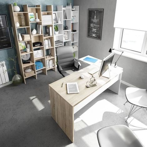 Bureau d'angle réversible en mélaminé – Chêne canadien et blanc Artik – 145 cm longueur x 108 cm profondeur x 73 cm hauteur – 3 tiroirs spacieux – Dimaplast — photo 5