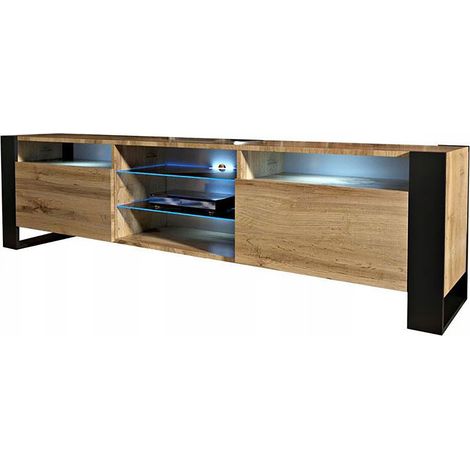Dusine – Meuble TV 200 cm avec éclairage LED – Chêne mat et porte chêne – Style industriel – Rangement avec niches et étagères vitrées — photo 4
