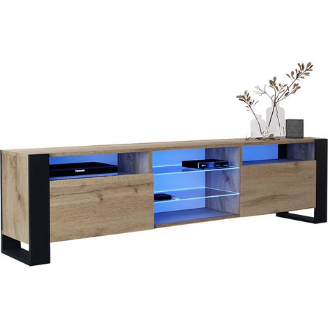 Dusine – Meuble TV 200 cm avec éclairage LED – Chêne mat et porte chêne – Style industriel – Rangement avec niches et étagères vitrées — photo 1