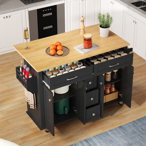 Eifson – Desserte de cuisine avec plan de travail rabattable – 5 tiroirs et placard – Roulettes silencieuses – Dimensions 140x65x89 cm – Noir