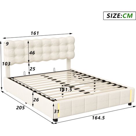 Sureh – Lit coffre 160x200 cm avec sommier à lattes en bois – Tête de lit capitonnée en velours beige – Mécanisme hydraulique avec éclairage LED — photo 5