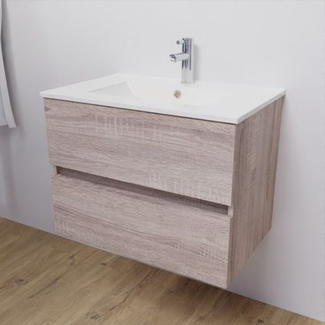 Meuble salle de bain suspendu 70 cm ROSALY- Bois- Plan vasque en Céramique — photo 2