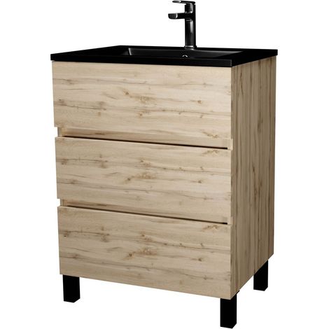 meuble de salle de bains 60 cm 3 tiroirs chêne naturel + vasque céramique noire - timber — photo 3