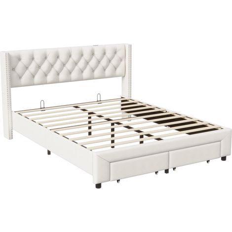 Tanant – Lit avec tiroirs 140x190cm – Tête de lit LED avec ports USB – 2 tiroirs – Sommier à lattes en bois – Velours beige — photo 5