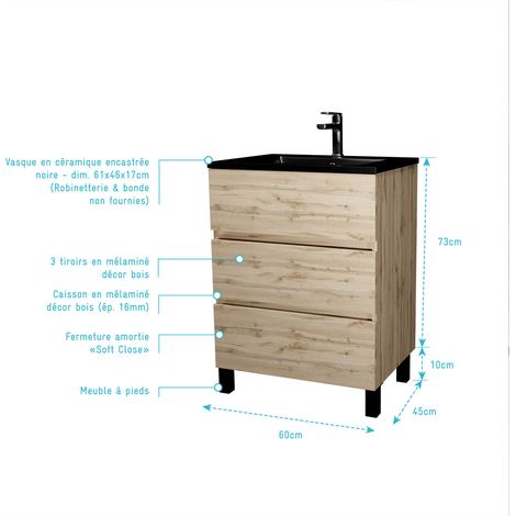 meuble de salle de bains 60 cm 3 tiroirs chêne naturel + vasque céramique noire - timber — photo 4