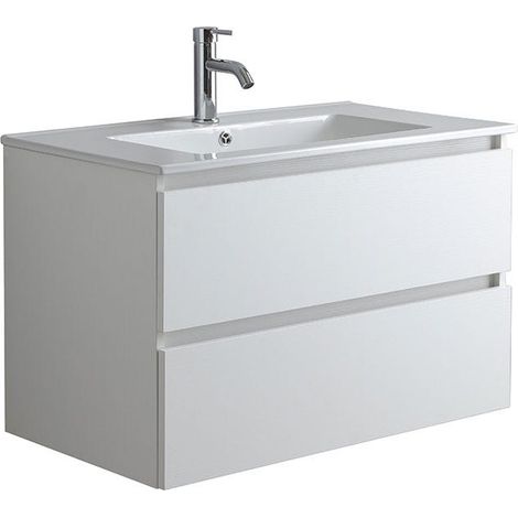 Kiamami Valentina – Meuble de salle de bains suspendu 80cm blanc export avec lavabo en céramique – 2 tiroirs avec fermeture amortie – Design moderne — photo 5