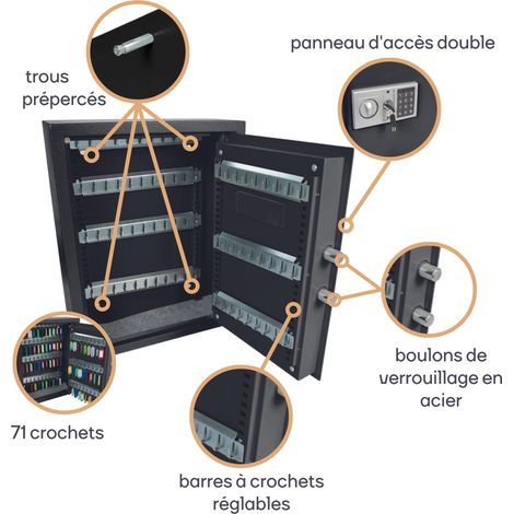 Perel – Armoire à clés à combinaison 71 crochets – Rangement sécurisé avec 71 porte-clés – Montage mural facile – Dimensions 45x36x12 cm — photo 5